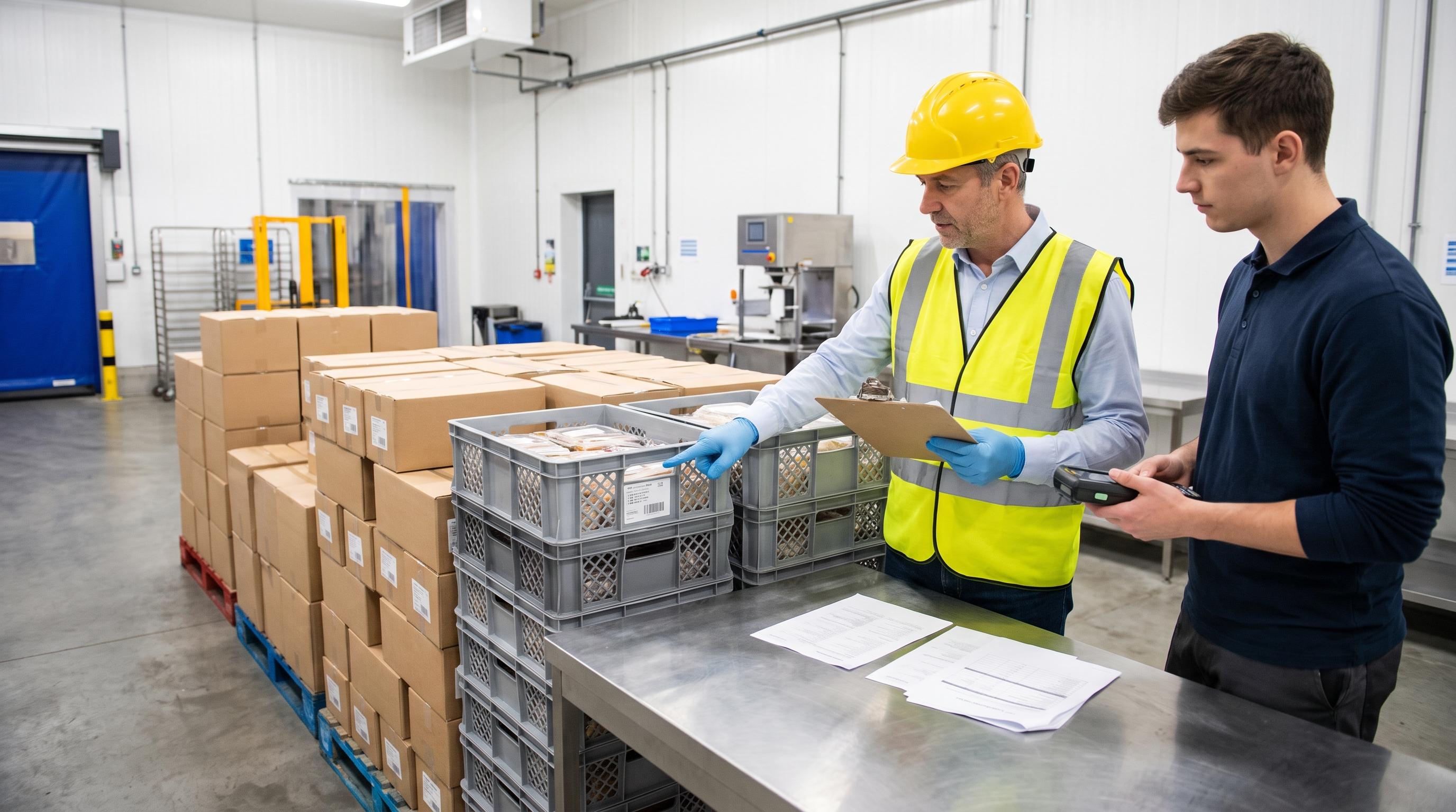 Food receiving lead checking incoming lots, labels, and supplier traceability records in a clean food manufacturing receiving area