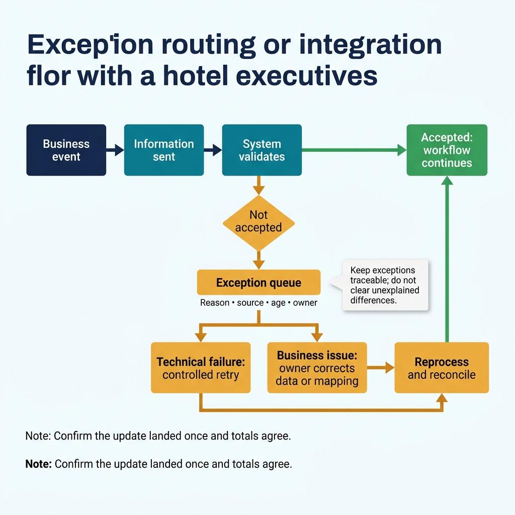 Flowchart showing hotel system updates accepted or routed through an owned exception queue