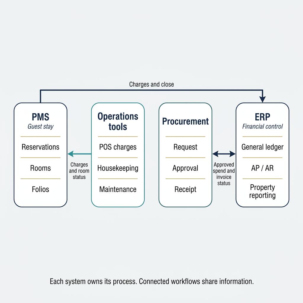 Diagram showing PMS, operations, procurement, and ERP roles with connected information handoffs