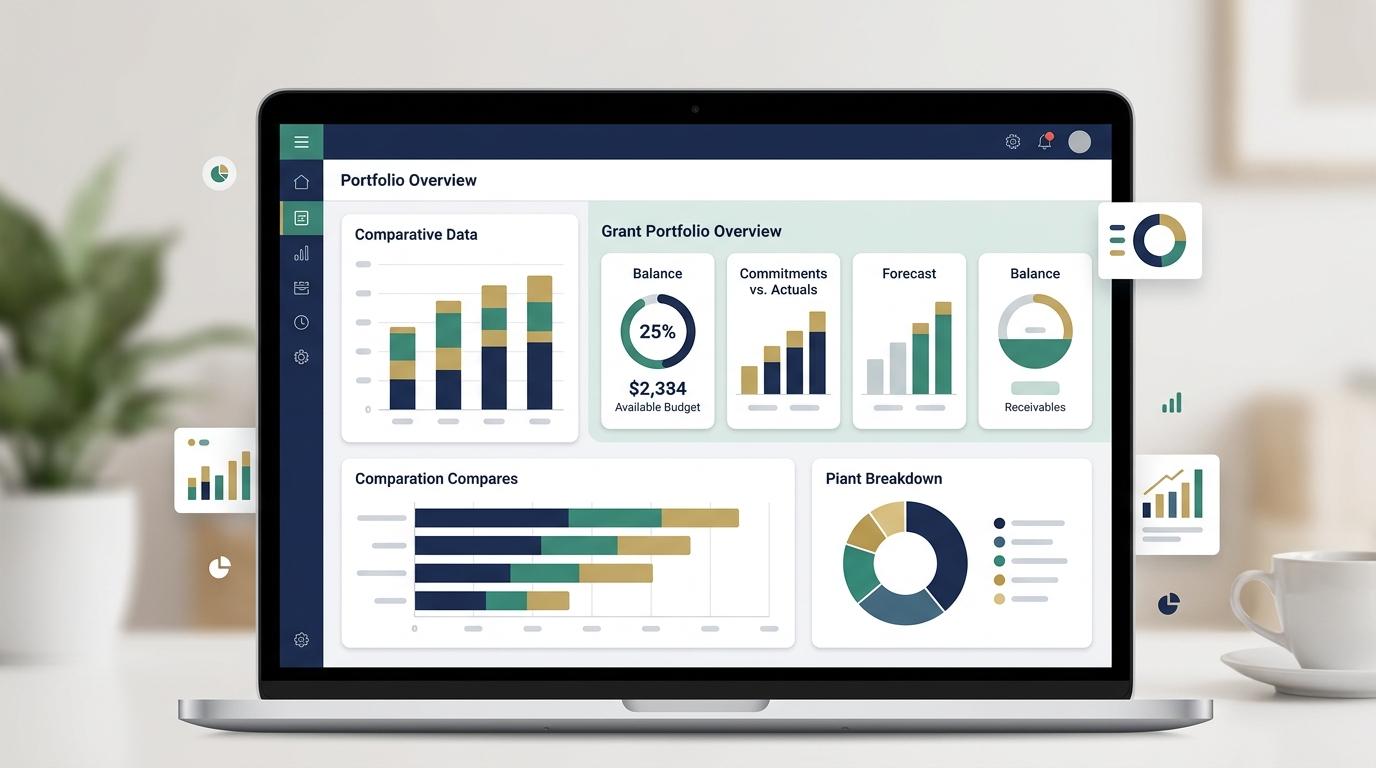 Illustrative grant dashboard separating actual expenditure, commitments, forecast, available budget, cash, and receivables