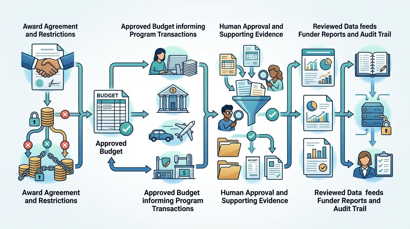 Diagram of the grant-control flow from award terms and budgets through transactions, approvals, evidence, and reporting