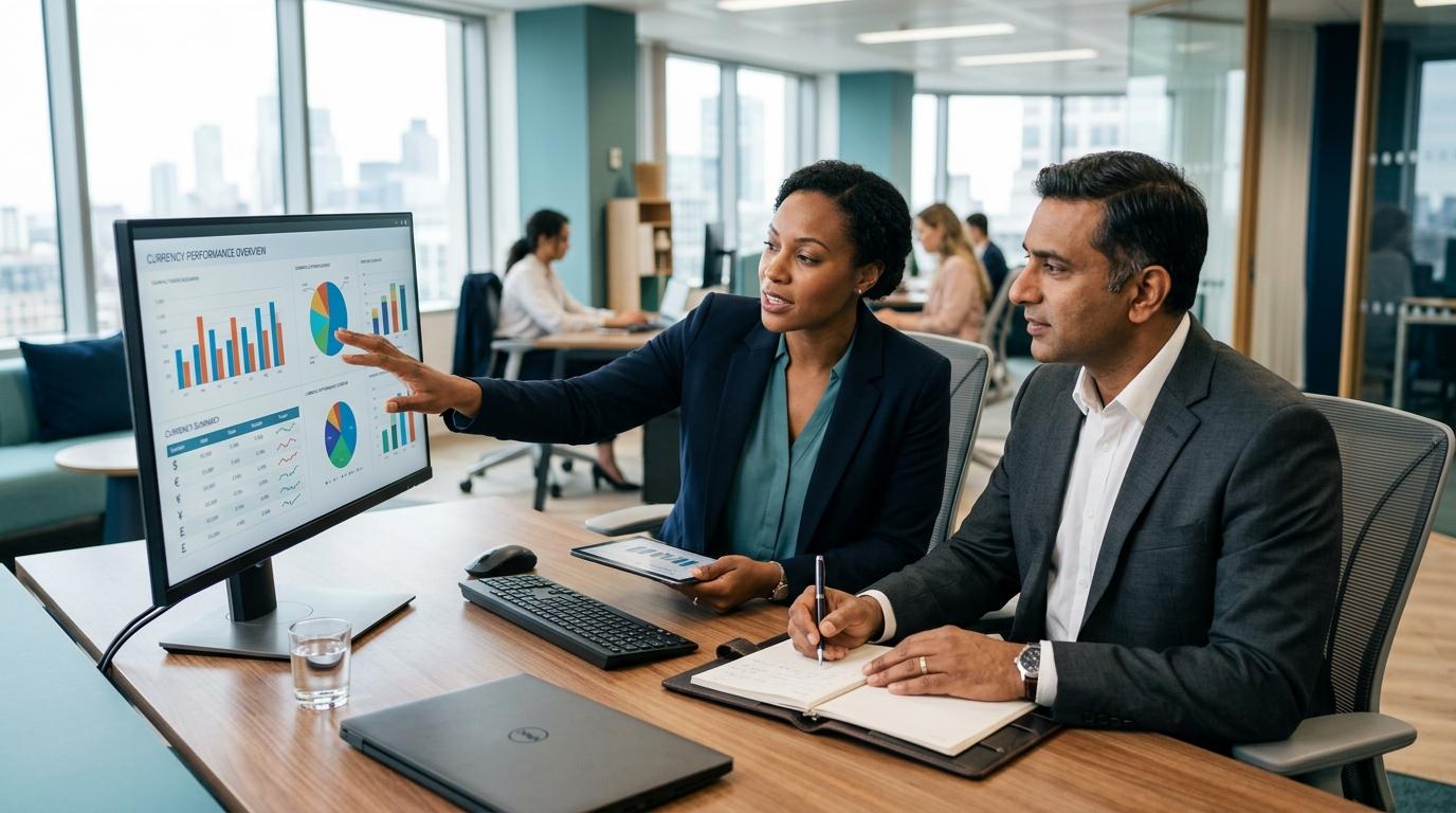Finance colleagues reviewing a multi-currency report together at a monitor