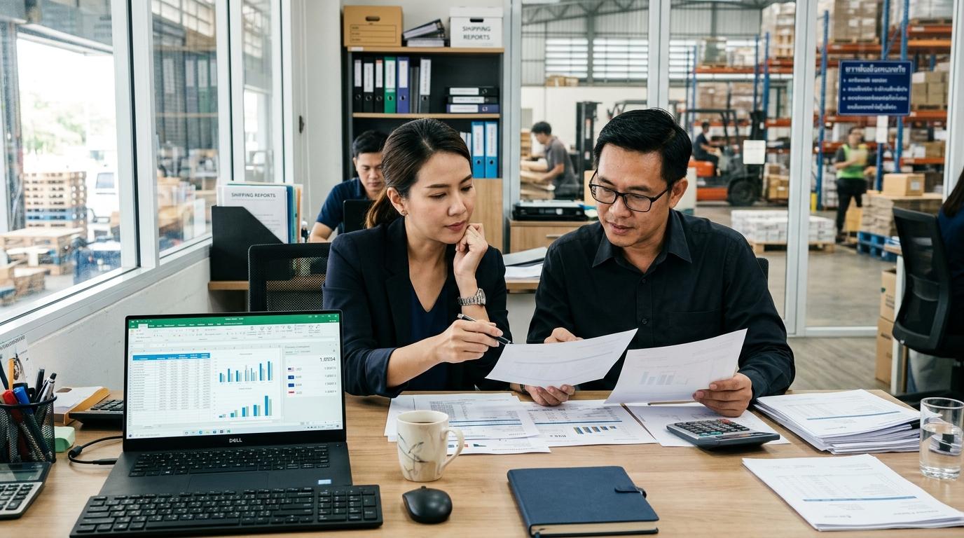 Finance controller and procurement manager reviewing supplier and shipment documents together