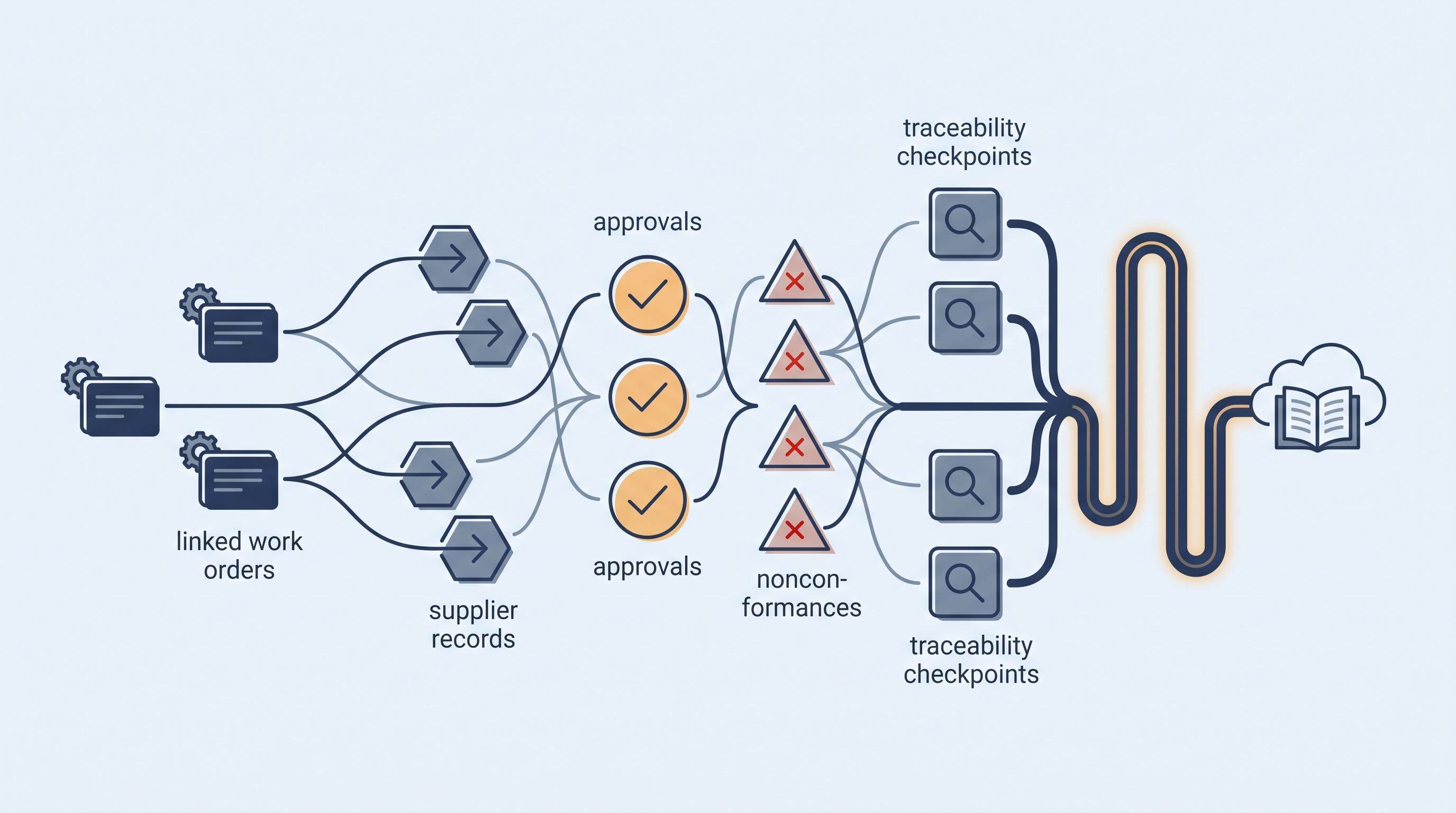 Illustration of an audit-ready aerospace evidence trail linking work orders, approvals, supplier records, and quality events