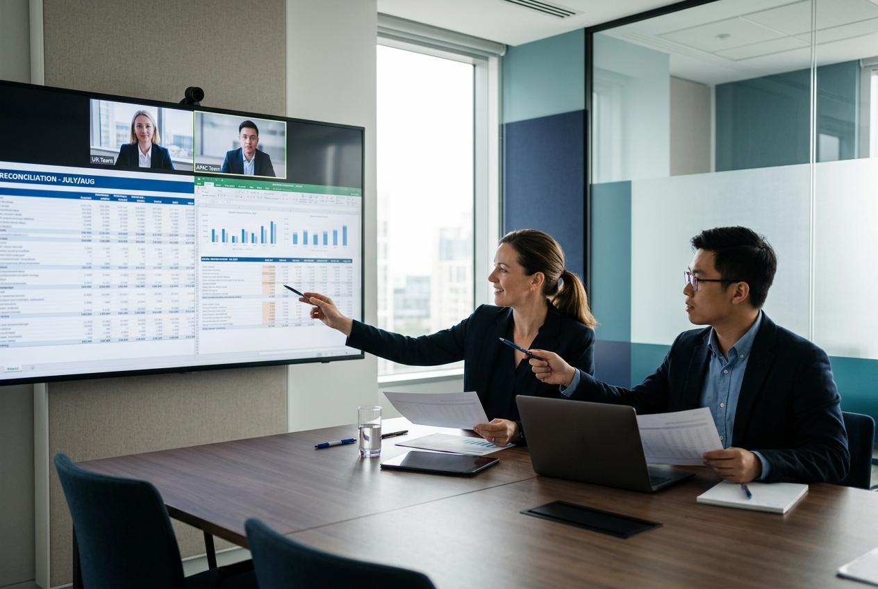 Finance colleagues reconciling intercompany balances across entities