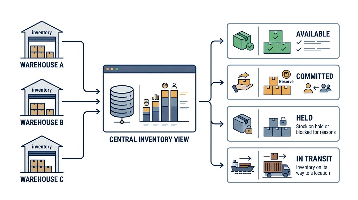 Diagram showing stock across warehouse locations grouped as available, committed, held, and in transit