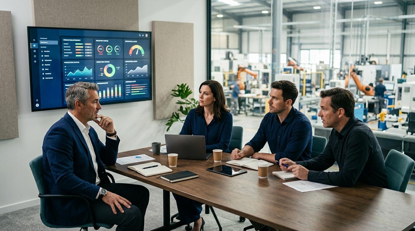Finance and operations leaders discussing ERP dashboards in a manufacturing office