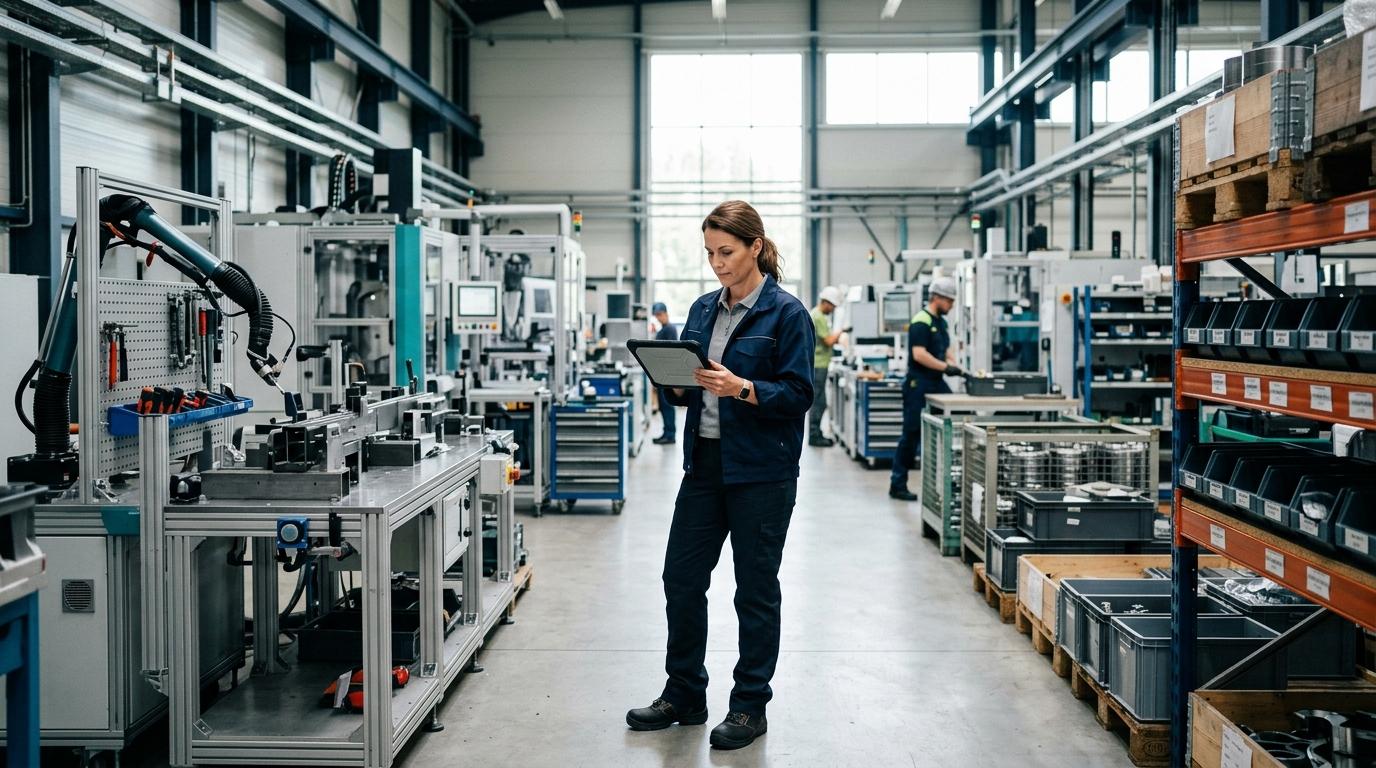 Manufacturing supervisor reviewing operations on a tablet beside production equipment