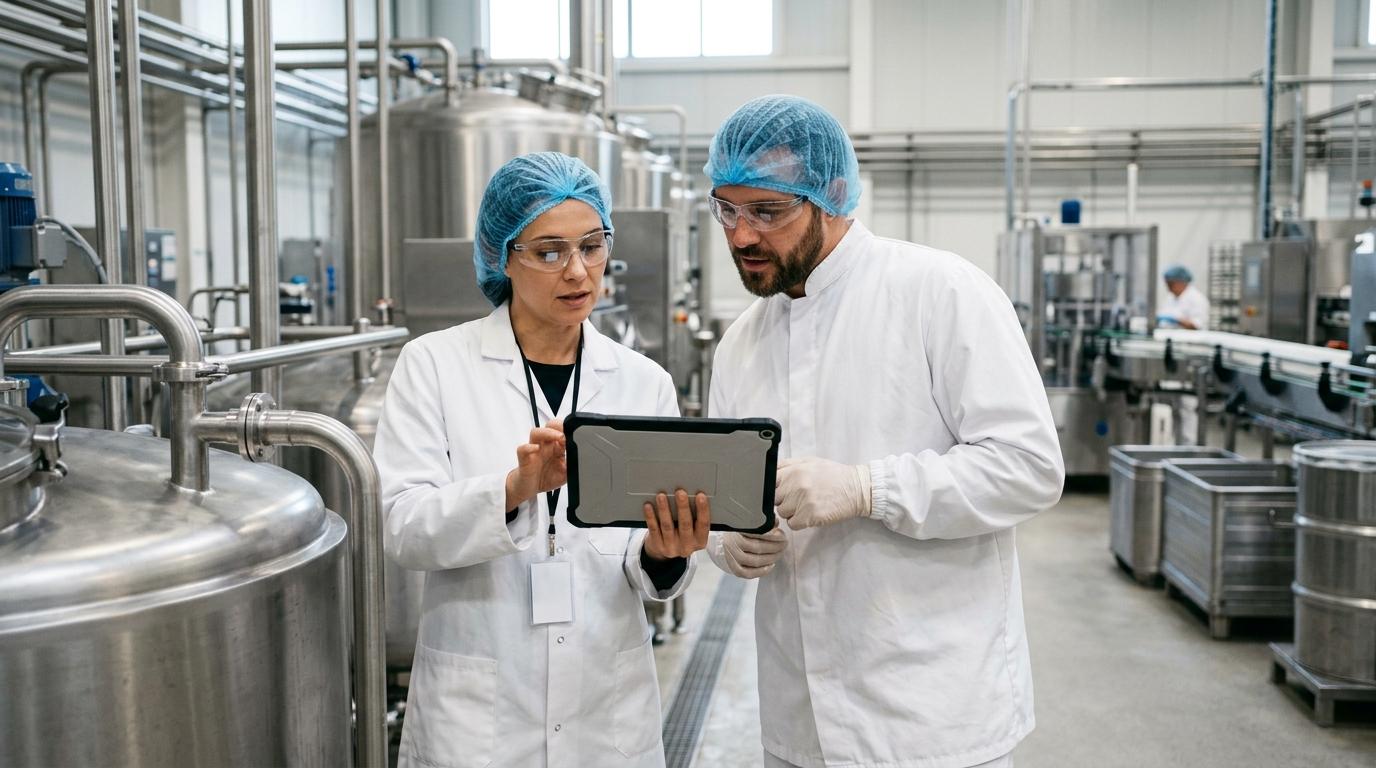 Quality and operations colleagues reviewing traceability information on a blank tablet in a food manufacturing facility