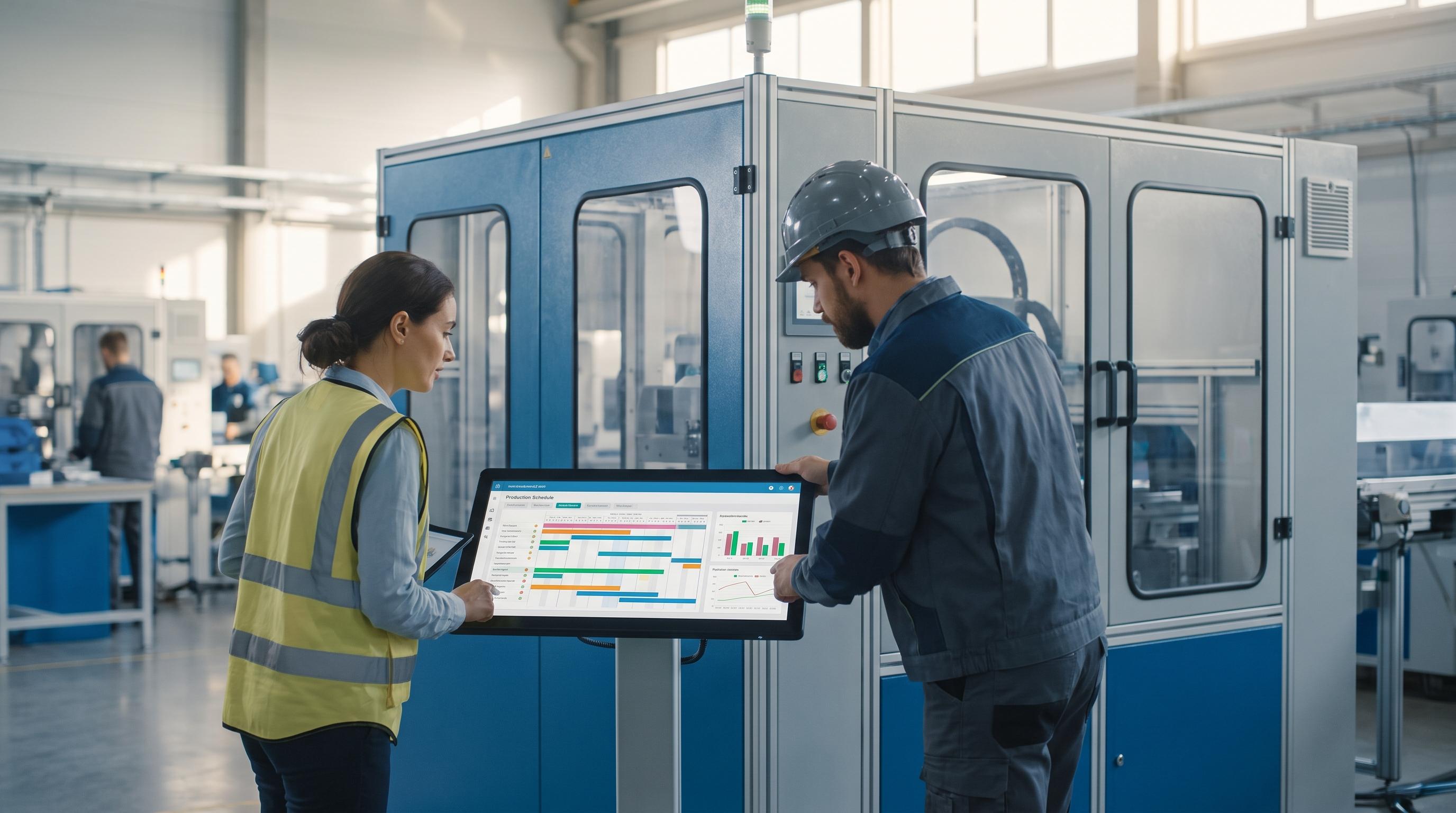 Production planner and shop-floor supervisor reviewing schedule data beside a machine cell