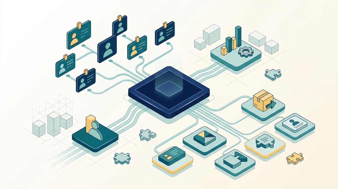 Illustration of an ERP platform connected to user licenses and optional modules