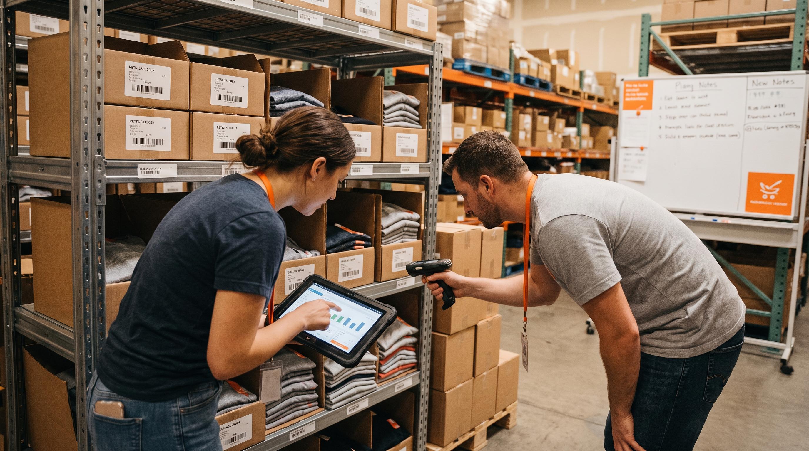 Retail staff checking stock accuracy in a store backroom using a handheld scanner and tablet