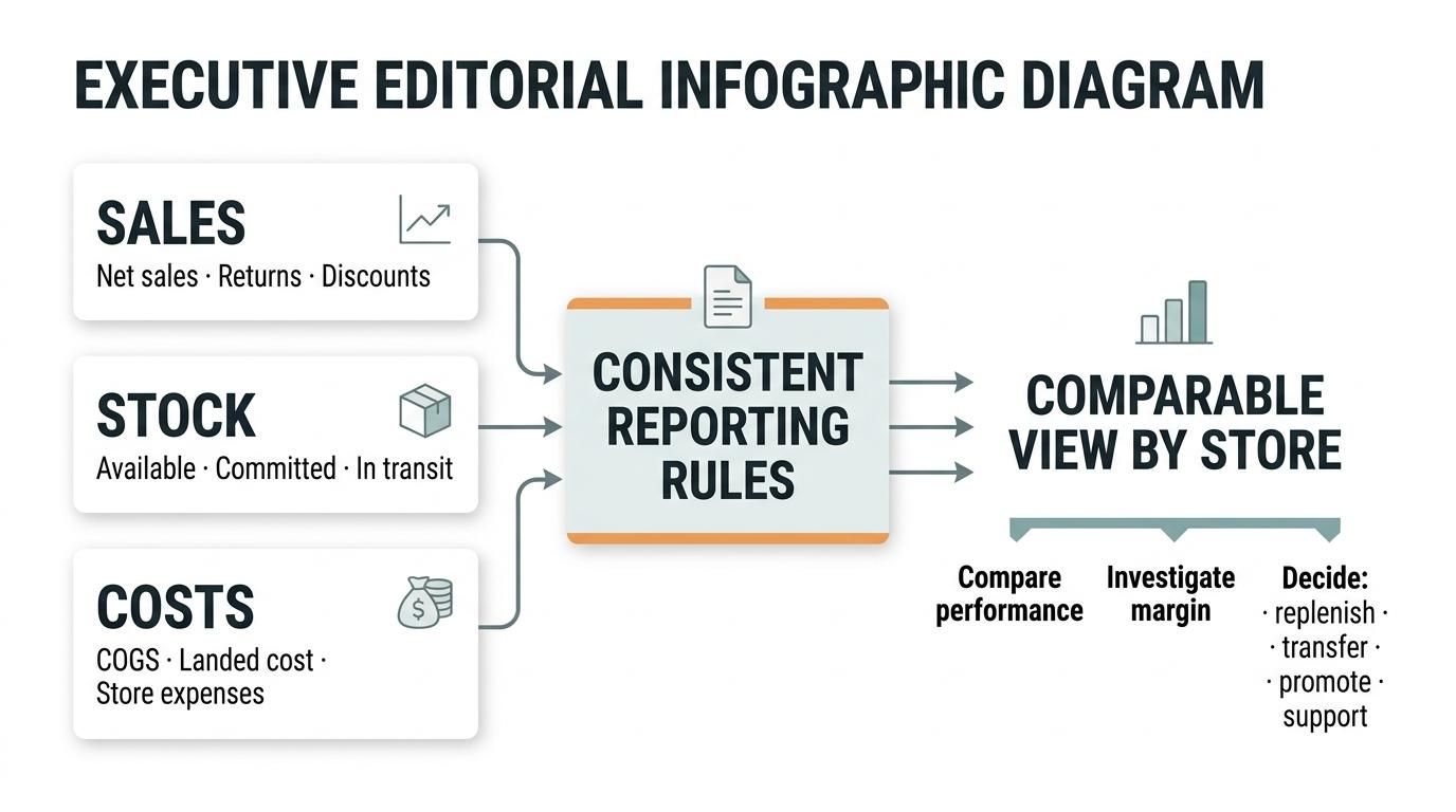 Sales, stock, and cost information connect through consistent reporting rules to support comparable store performance analysis and decisions.