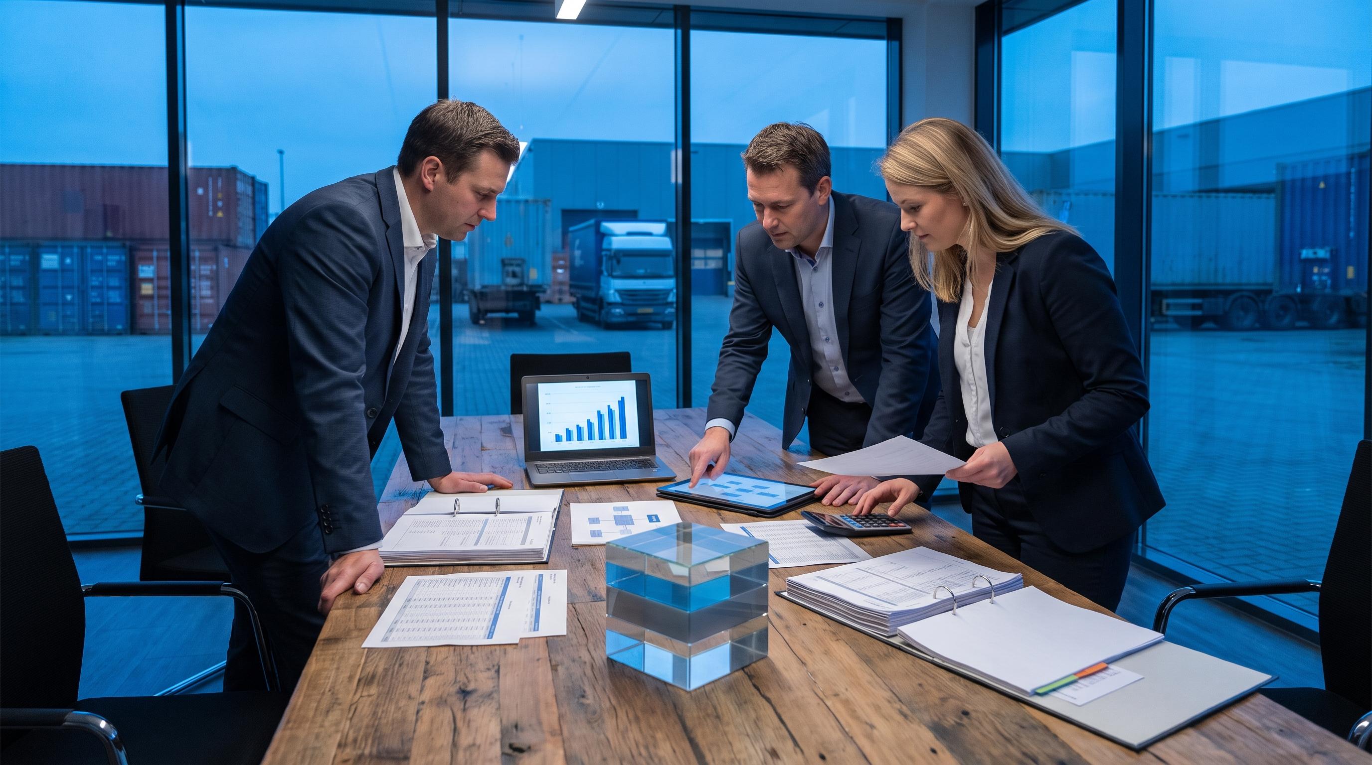Business professionals reviewing import costs, customs paperwork, and tariff exposure in a logistics planning meeting