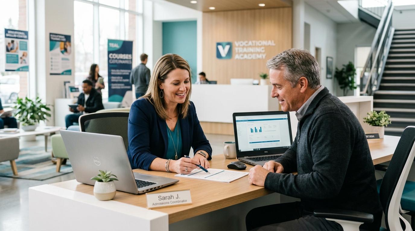 Admissions coordinator helping an adult learner with an application at a vocational training academy