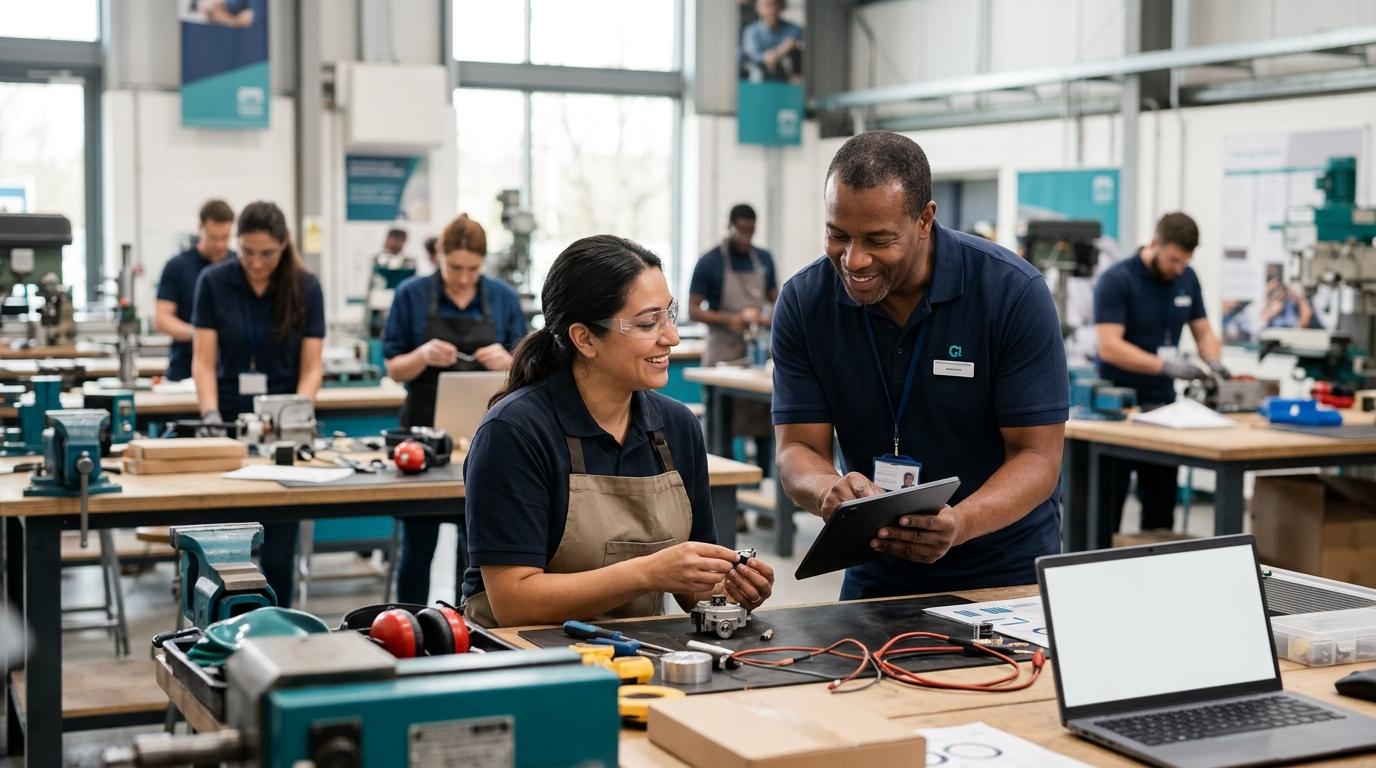 Instructor guiding an adult vocational learner through progress in a practical workshop