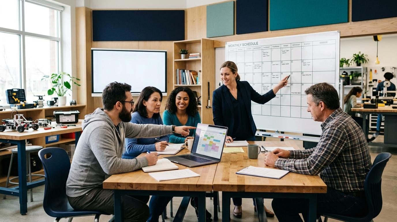 Instructor and vocational learners planning a class schedule in a training classroom