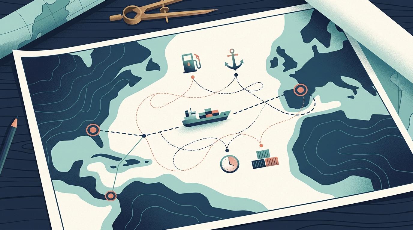 Illustrated cargo vessel route linking port calls with fuel, time, cargo, and operating costs