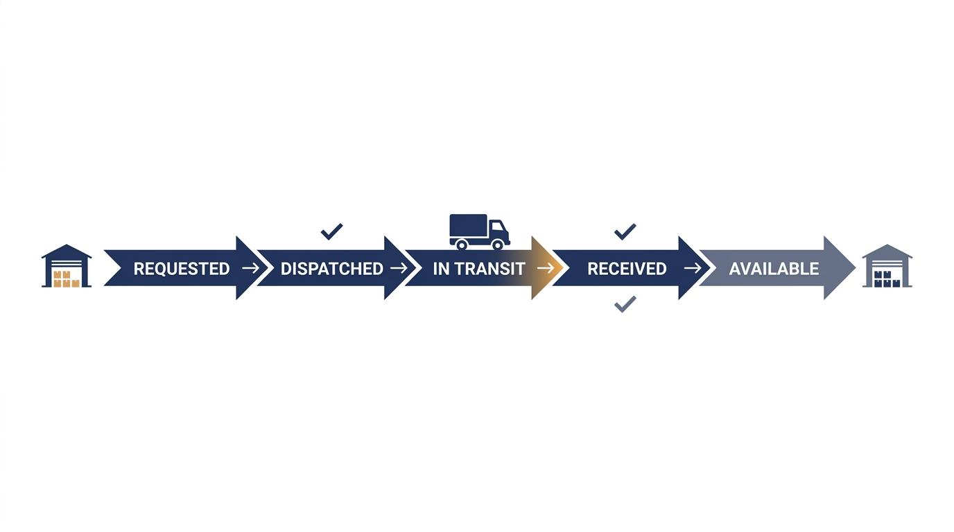 Warehouse transfer lifecycle from request and dispatch through in-transit movement, receipt, and availability